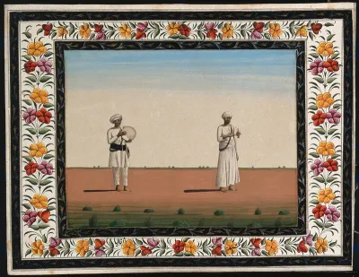 Two Indian men: (left) holding a tambourine, (right) holding a hookah