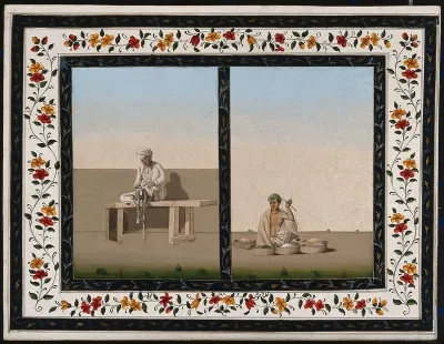Two Indian men: (left) operating a lathe and (right) weighing rice (?) for sale