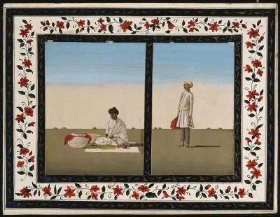 Two Indian men: (left) seated, cutting green produce to shape, and (right) carrying a red bag and two bottles of fluid (ink? dye?)