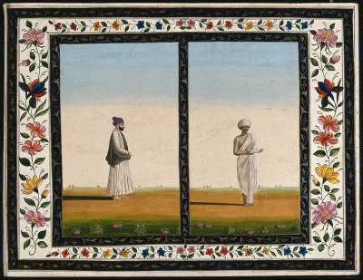 Two Indian men: (left) wearing a mauve turban, in profile to right, and (right) holding poultry on a ceramic dish