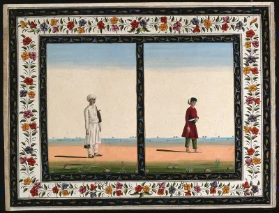 Two Indian men, one carrying a brazier, the other in a red tunic