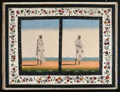 Two Indian men, one holding a key and the other a pen and ink (?)