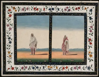 Two Indian women: (left) wearing pink and grey striped trousers and (right) wearing trousers banded with a wavy red pattern