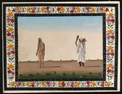 Two Indian women: (left) wearing pink robes and (right) holding a model of a temple and a peacock-feather fan