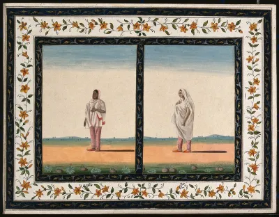 Two Indian women wearing trousers banded with a wavy red pattern