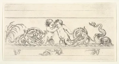 Two infants standing in the water at center with their legs as scrollwork, below three small sketches of heads, plate 3 from "Friezes, foliage, and grotesques" (Frises, feuillages et grotesques)