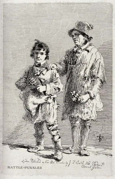 Two itinerant salesmen selling rattles and rattle boxes