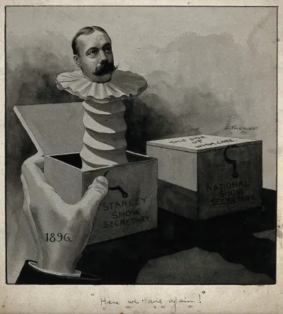 Two Jack-in-the-box boxes: one opened, showing Jack as the late Lord Randolph Churchill; the other closed, representing the National show secretary