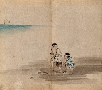 Two Japanese fishermen wading in the sea to collect shells