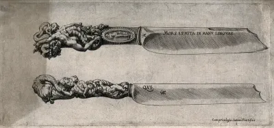 Two knives with ornate handles, incorporating human figures and ornament in the grotesque style
