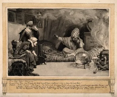 Two ladies and a man in a turban discussing 'Nigog's magic pillules'