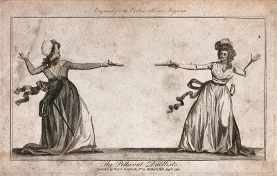 Two ladies duelling with pistols