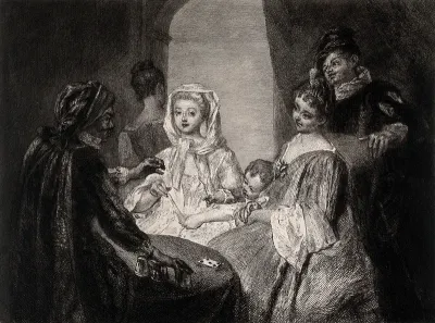 Two ladies, seated, with a child between them, being entertained by a magician who performs tricks with cups and balls