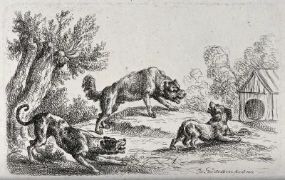 Two large dogs growling and barking at a small dog with a bone outside its kennel