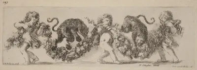 Two Leopards Jumping a Festoon Supported by Children
