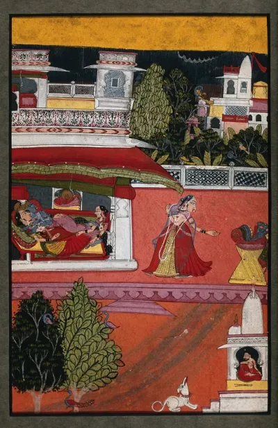 Two lovers in bed, as a dog alerts his master who is sitting in the temple while the servants gather the discarded clothes before his arrival