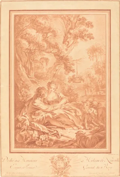 Two Lovers Seated at the Foot of a Large Tree, Surprised by Two Girls