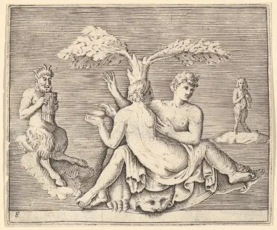 Two Lovers with Pan, from "Ex Antiquis Cameorum et Gemmae Delineata/ Liber Secundus/et ab Enea Vico Parmen Incis"