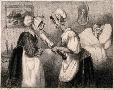 Two maids confer on whether to 'refresh' a sick man even further by putting cold water into his enema