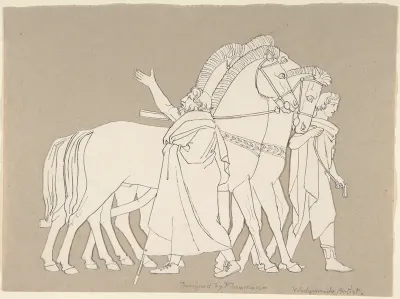 Two male classical figures with three horses (design for large fireplace white tiles produced in Wedgwood's factory)