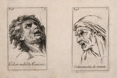 Two male faces expressing anger mingled with fear