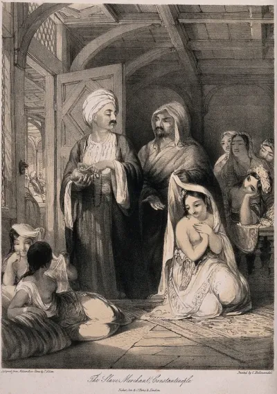 Two male merchants in Constantinople haggle over a woman slave, while other women look on