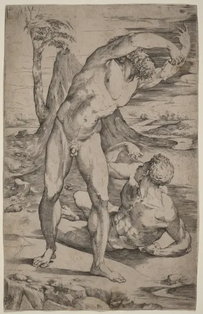 Two Male Nudes Gesturing in a Landscape