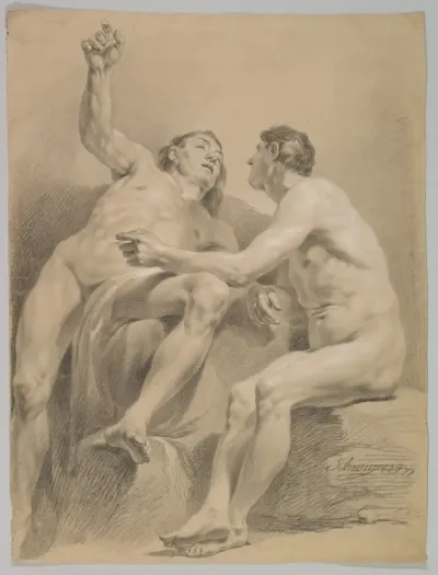 Two Male Nudes, One Seated and One Semi-reclining