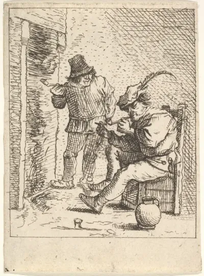 Two male peasants holding pipes before a fireplace, one seated with the pipe held to his mouth, to his left the other stands with the pipe in his right hand