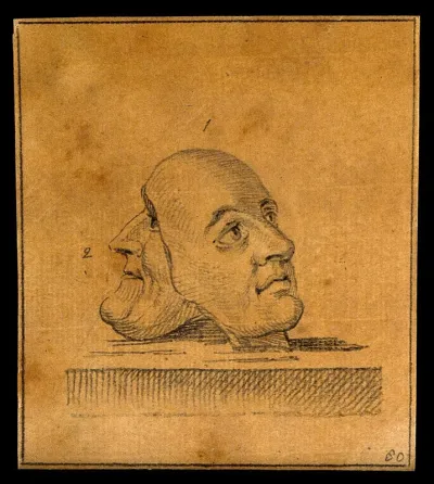 Two masks showing physiognomies expressing complaisance (left) and probity (right)