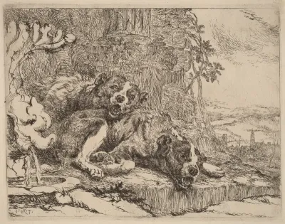 Two Mastiffs beside a Fountain