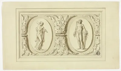 Two Medallions with Standing Figures of Omphale and Bacchus, Separated by Design of Acanthus Leaves