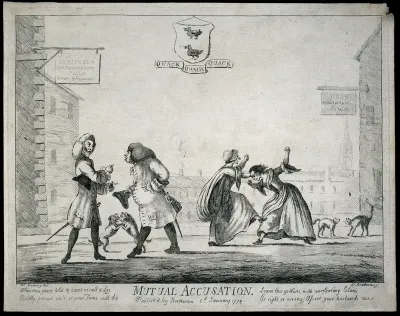 Two medicine vendors, their wives, cats and dogs arguing about the merits of their antiscorbutic pills