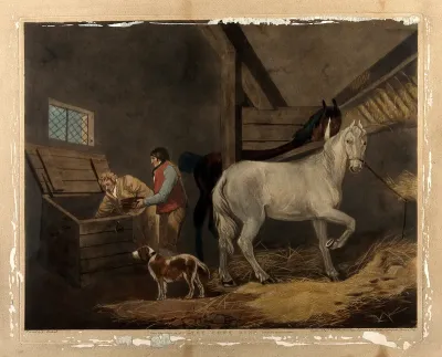 Two men and a dog in a stable, reaching into a corn bin, while two horses look on