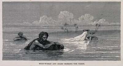 Two men and a woman crossing the river Tigris on inflated skins