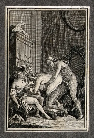 Two men and two women engaged in sexual intercourse; armchair, wardrobe and portrait in the background