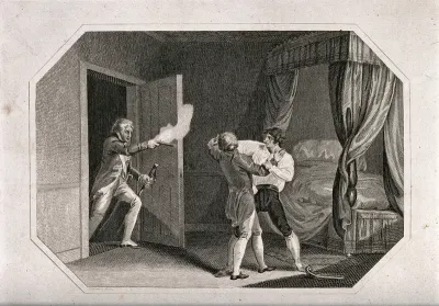 Two men apprehending Lord Edward Fitzgerald at gunpoint in his bed chamber for high treason