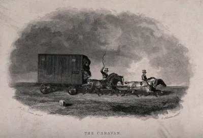 Two men are driving four horses past a milestone to pull a caravan carrying a passenger
