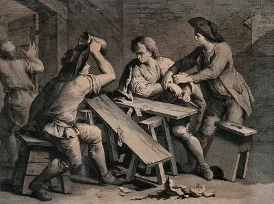 Two men are having a dispute over a card game, one man has raised his tankard and the table has been broken, one man flees from the room and another attempts to ease the situation