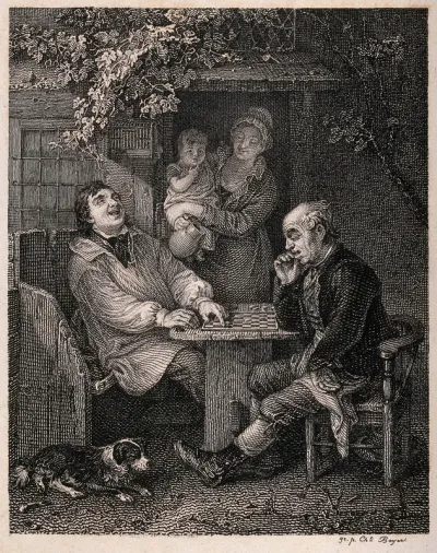Two men are sitting outside a cottage playing a game of draughts, a woman is standing in the doorway holding a baby and a jug
