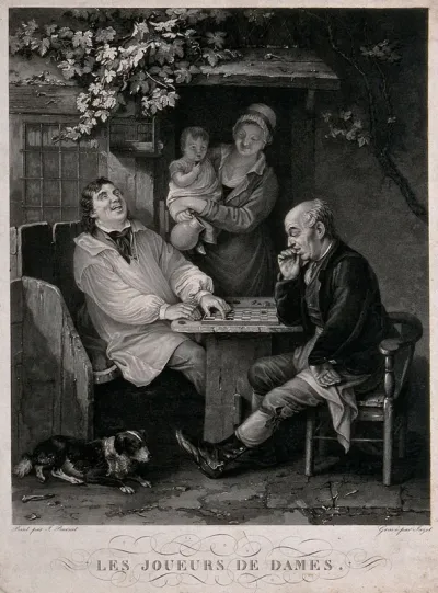 Two men are sitting outside a cottage playing draughts; a woman is in the doorway holding a child and a jug