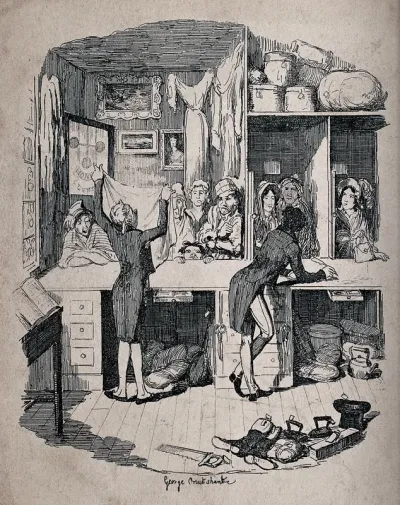 Two men are standing behind the counter of a pawnbroker's shop in London, examining some articles of clothing which have been brought in to pawn
