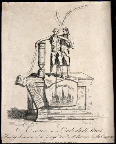 Two men are standing on a stone plinth with their feet on a sheet with ships on it, and columns are crumbling around them