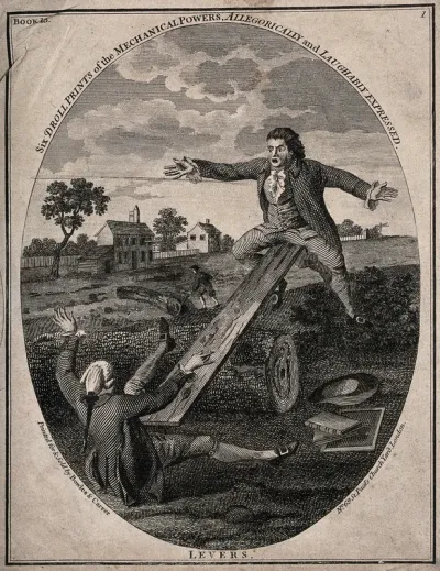Two men are using a plank over a large log as a see-saw; representing the mechanics of levers