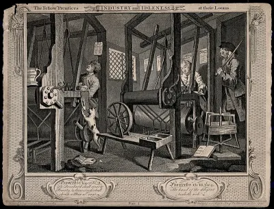 Two men are working at looms as a man with a large stick looks around the door to see if they are working