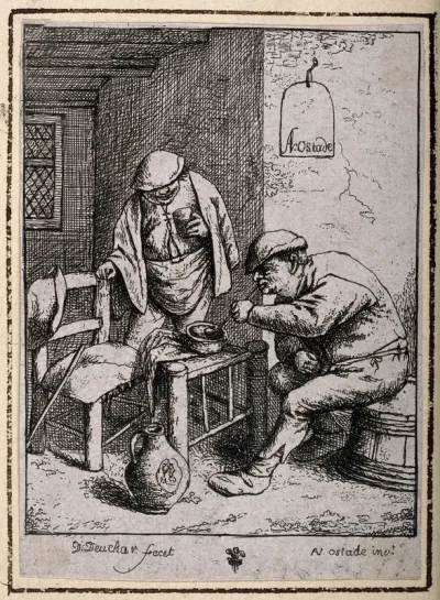 Two men at a table, one lights a pipe and the other stands holding a glass