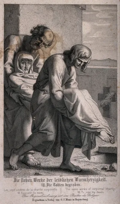 Two men burying the dead as part of the seven works of corporeal charity