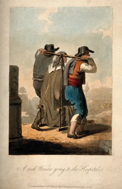 Two men carry a sick woman in a chair-carry towards the hospital of Lisbon
