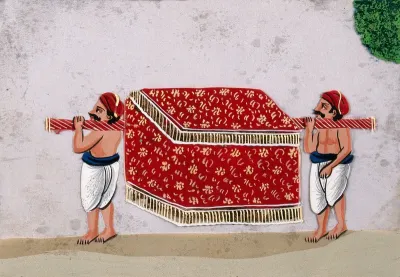Two men carrying a covered palanquin