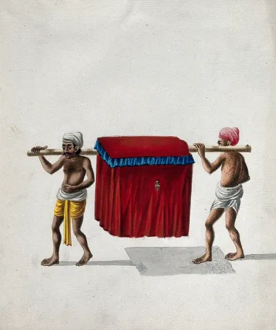 Two men carrying a covered palaquin, with a face peering out